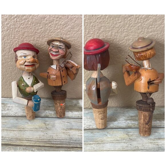 Unbranded Other - Vintage Carved Wooden Bottle Stoppers – Folk Art Barware, Musician & Beer Drinke